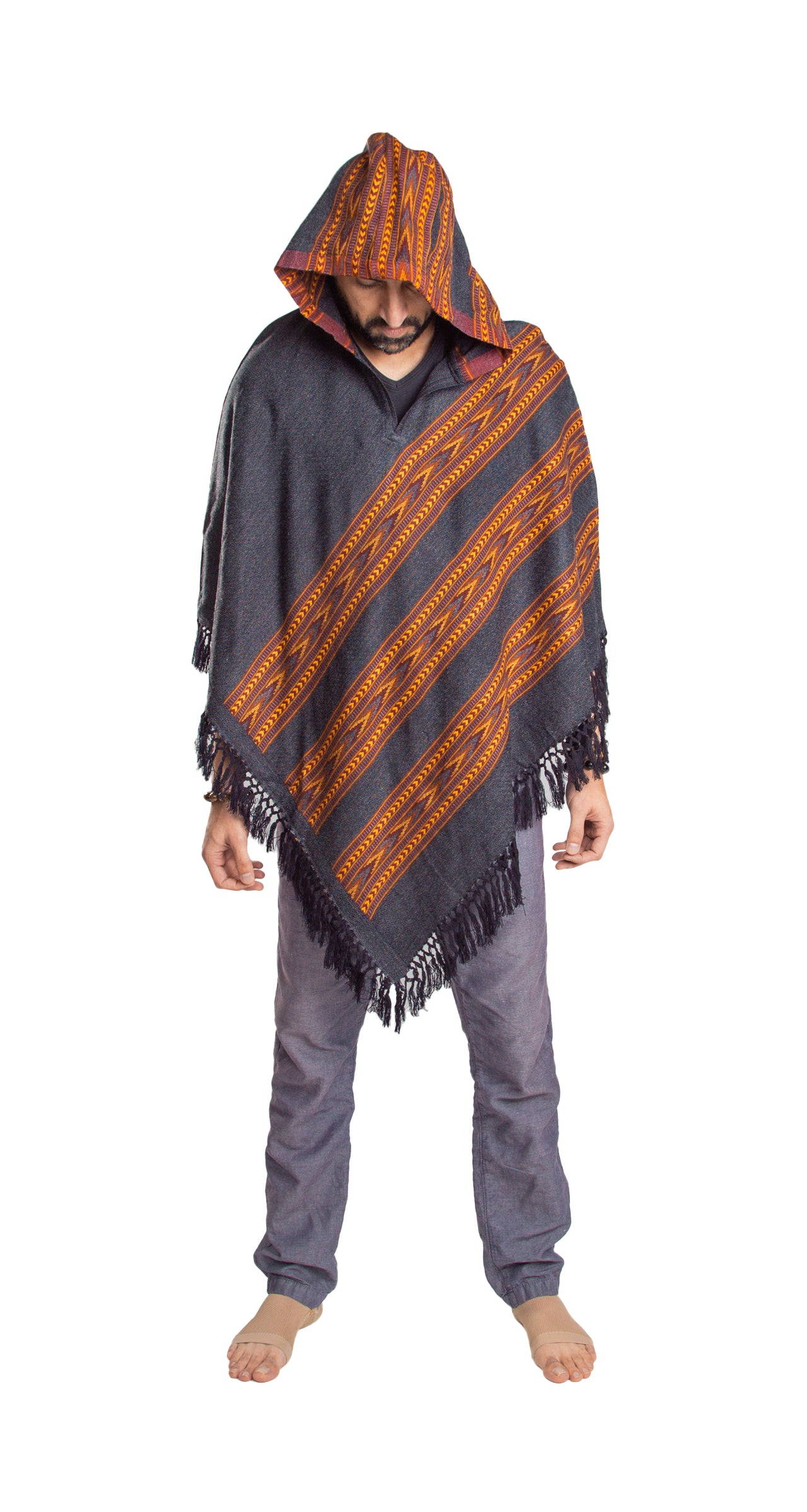 A poncho with hood for men and women worn for retreats, meditation or fun.