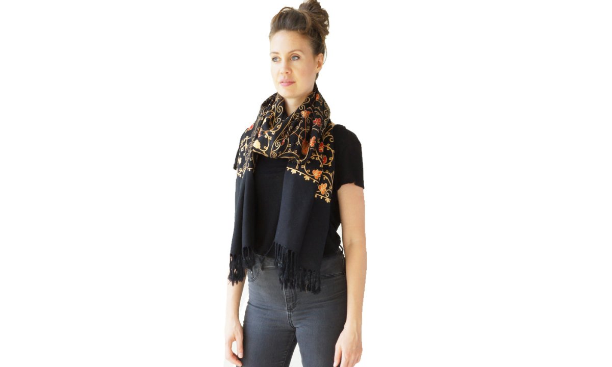 Scarf Embroidered Floral Shawl, Oversize Scarf for Women, Warm Wrap for Winter, Large 6.5' x 2.25' - Shawls and Wraps