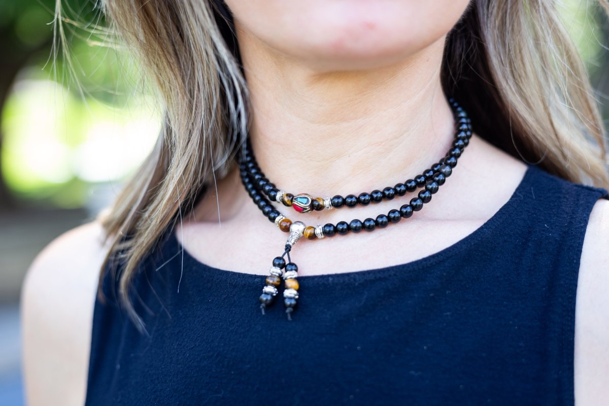 Tiger Eye & Obsidian Mala Bracelet/Necklace (Green) - Mala Bracelet