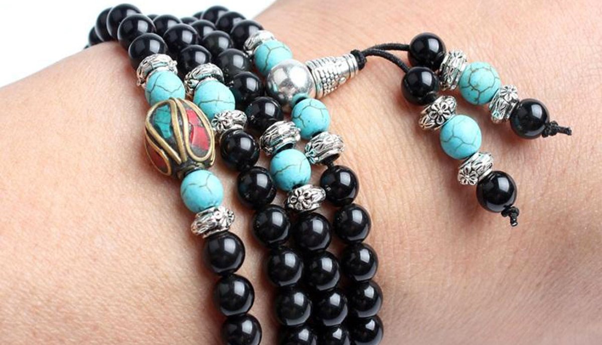 Turquoise & Obsidian Mala Bracelet/Necklace - Mala Bracelet