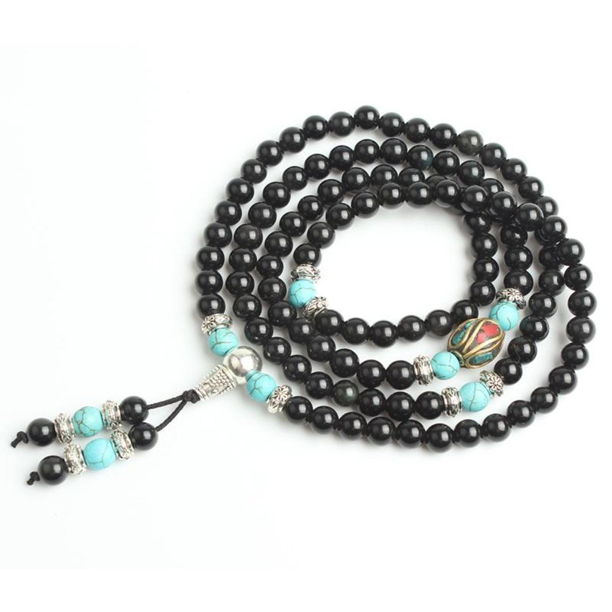 Turquoise & Obsidian Mala Bracelet/Necklace - Mala Bracelet