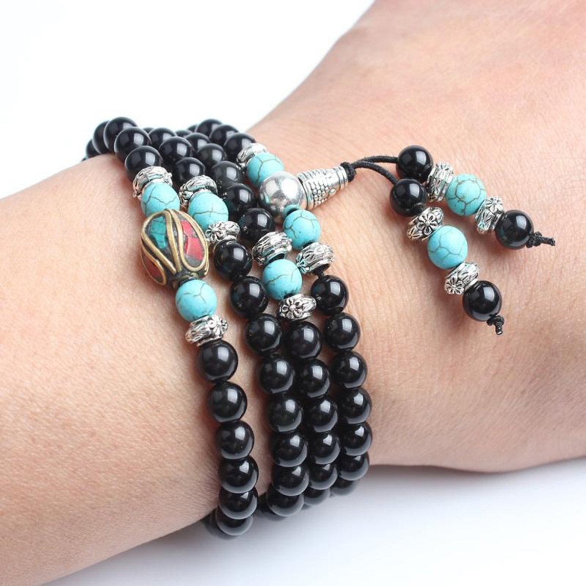 Turquoise & Obsidian Mala Bracelet/Necklace - Mala Bracelet
