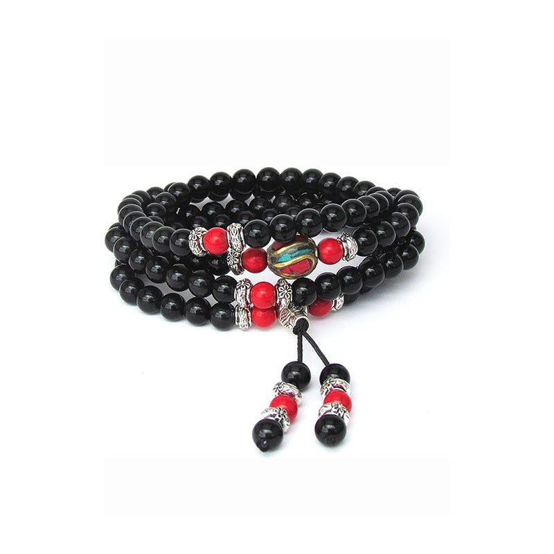 Red Cinnabar & Obsidian Mala Bracelet/Necklace - Mala Bracelet