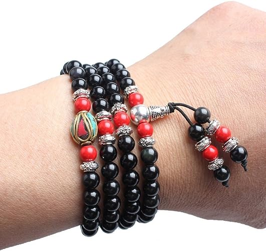Red Cinnabar & Obsidian Mala Bracelet/Necklace - Mala Bracelet