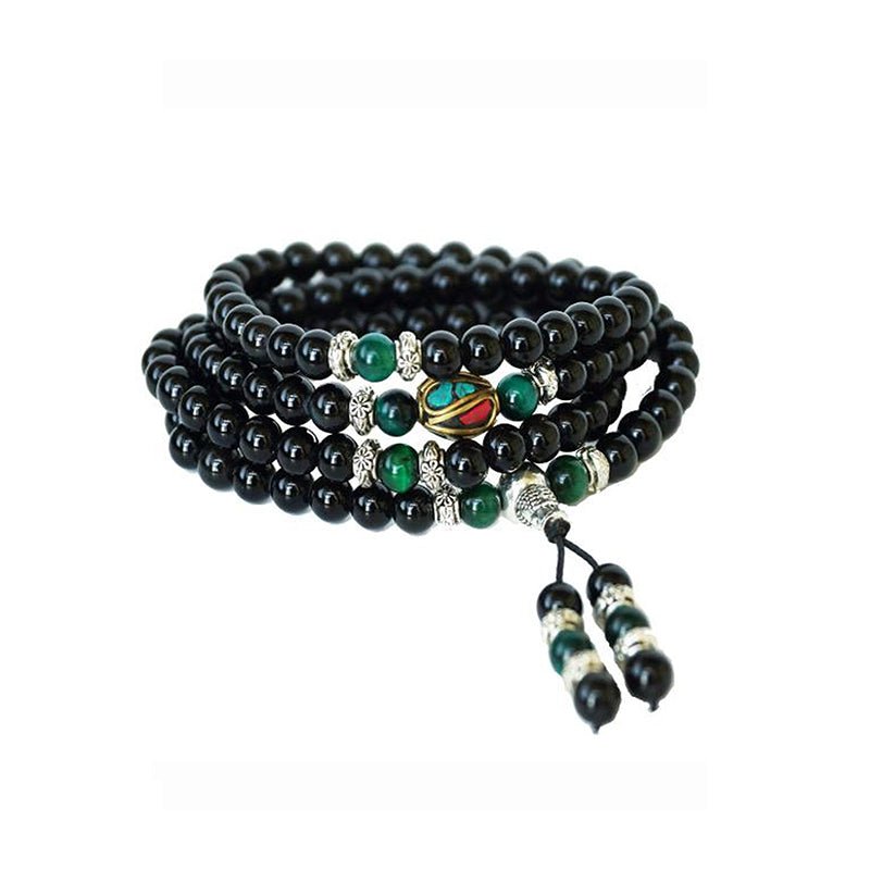 Tiger Eye & Obsidian Mala Bracelet/Necklace (Green) - Mala Bracelet